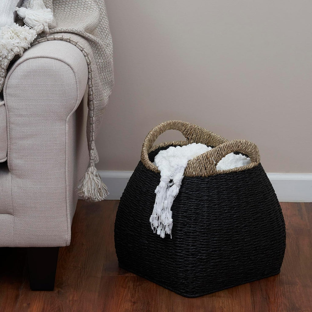 Handled Seagrass Basket Decorative Storage Organizer with Sturdy Metal Frame, Natural and Black Finish