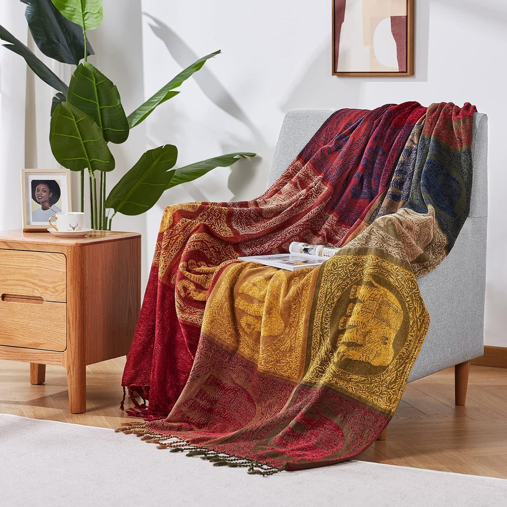 Bohemian Throw Blankets Chenille Jacquard Tassels Soft Chair Cover, 60x75 Inches)