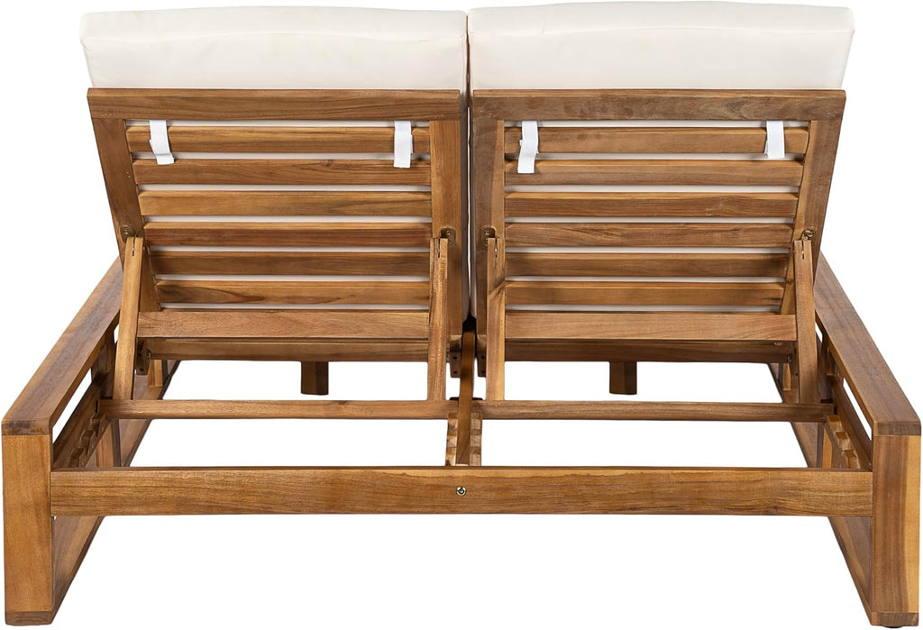 Acacia Wood Outdoor Double Chaise Lounge with Adjustable Backrest Patio Daybed with Thick Cushions Backyard Balcony