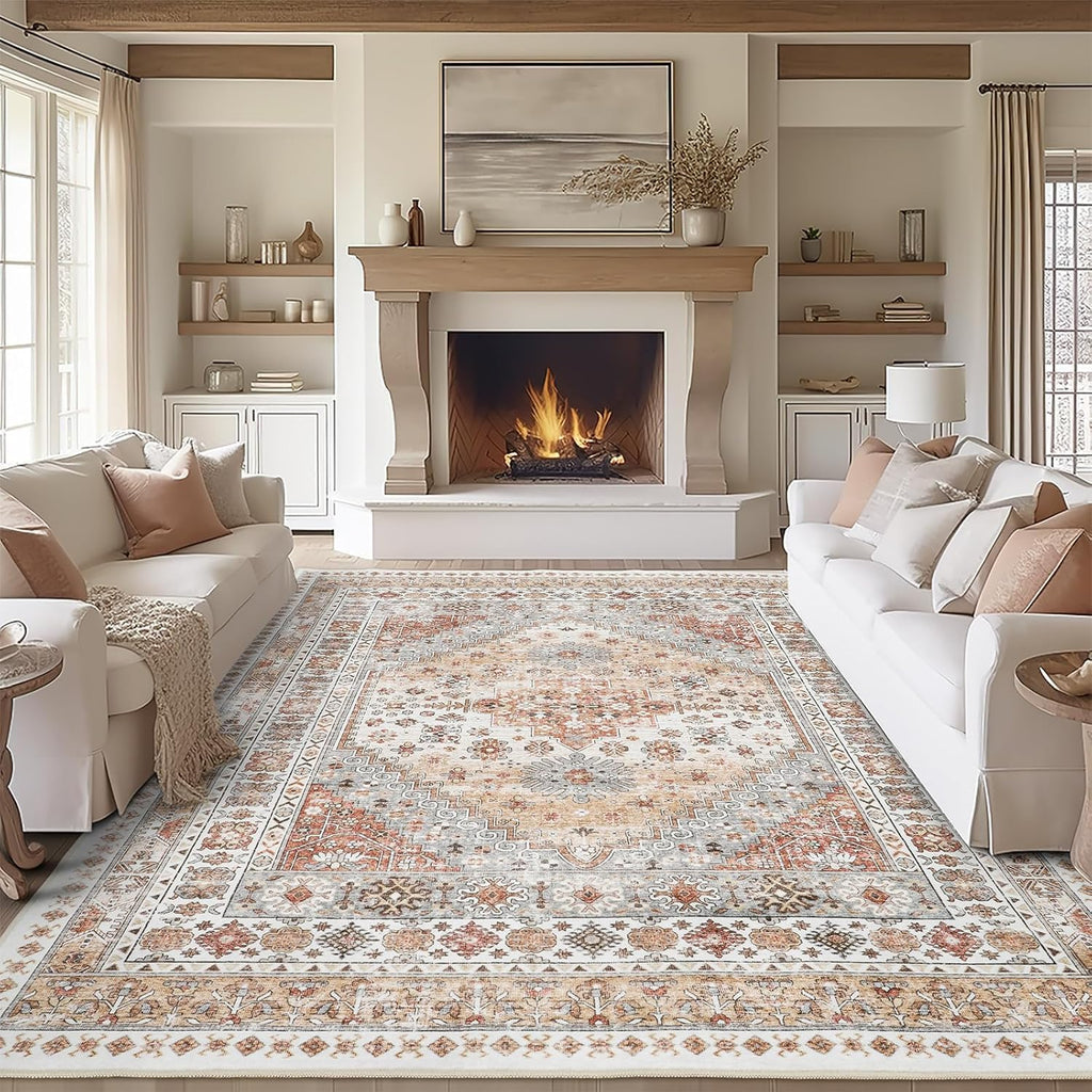 8x10 Washable Vintage Area Rug, Stain Resistant Non-Slip Indoor Carpet Orange