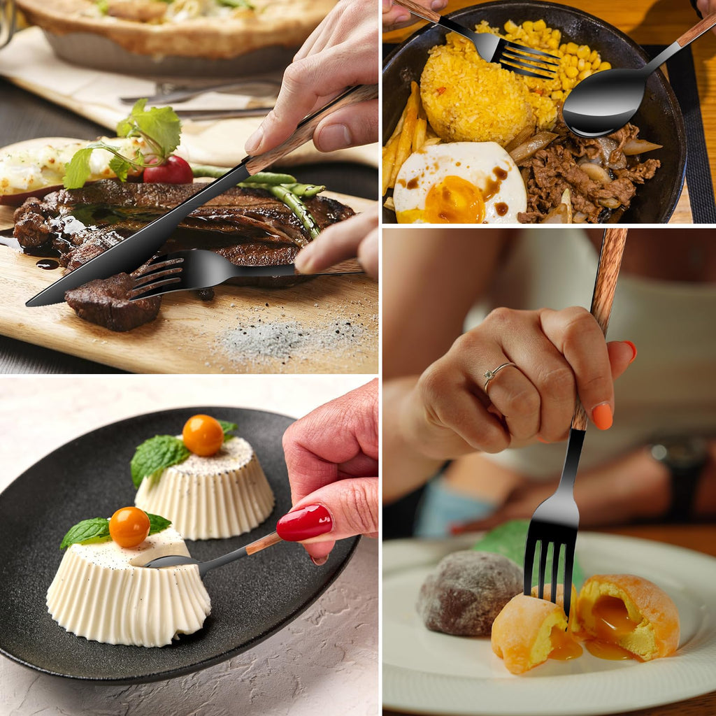 Black Dining Stainless Steel Flatware Serving Sets for 4, Dishwasher Safe
