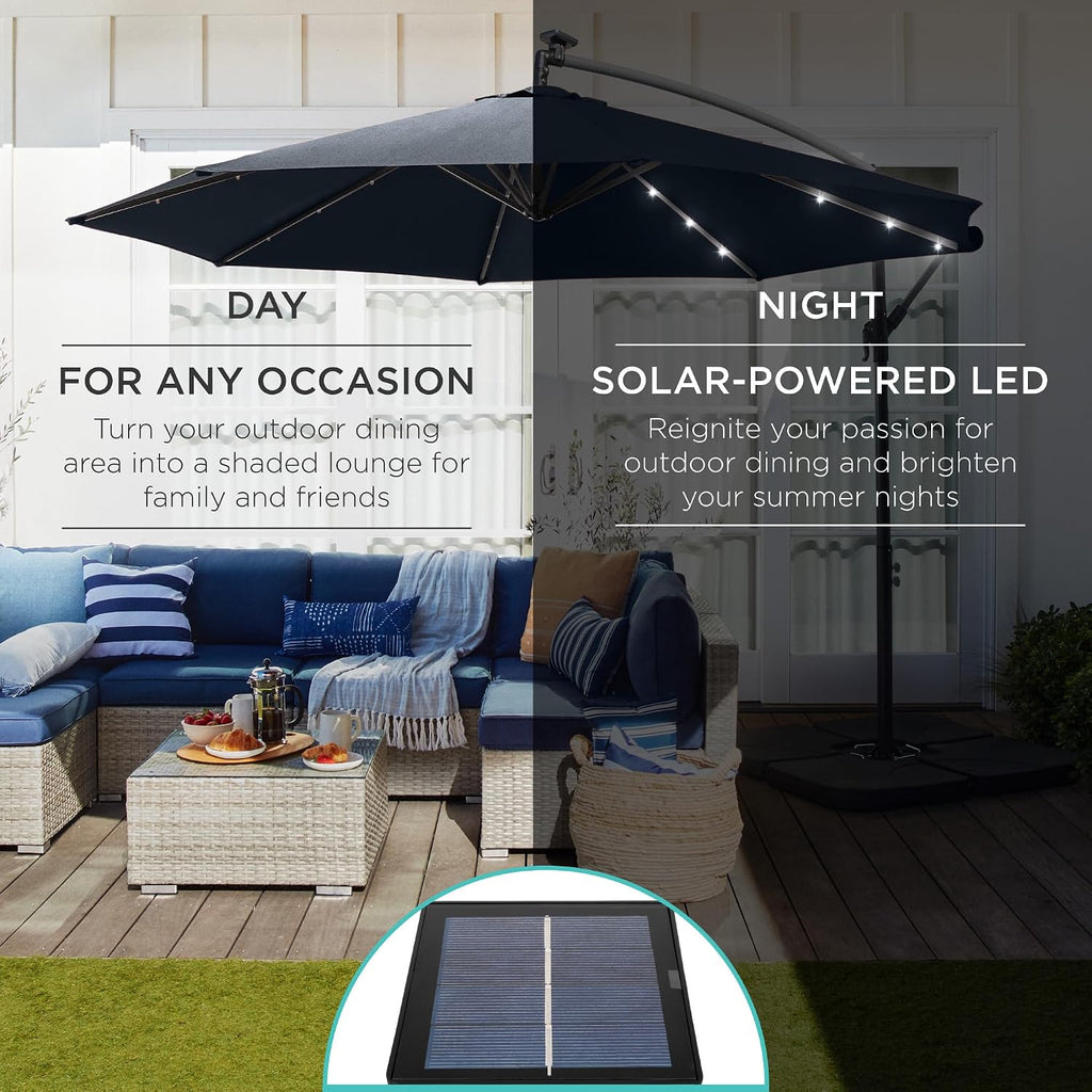 10ft Solar LED Offset Cantilever Hanging Market Patio Umbrella, 8 Sturdy Ribs, Easy Adjustment - Slate