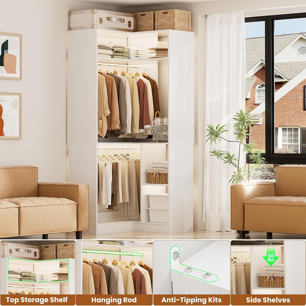 Corner Closet System With Shelves, 34'' Organizer With Hanging Rods, Wood Walk-in for Small Space, Freestanding