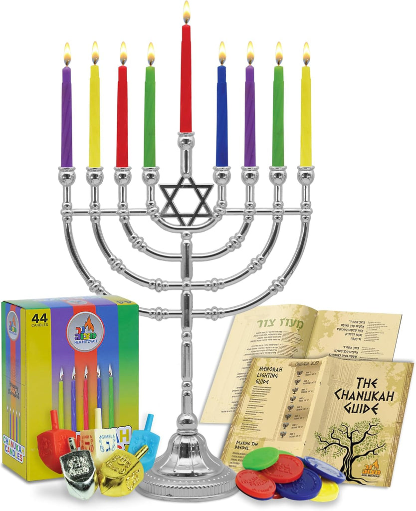 Hanukkah Complete Set - Menorahs for Chanukah - Includes , Hanukkah Candles, Dreidels, Play Coins, Chanukah Guide