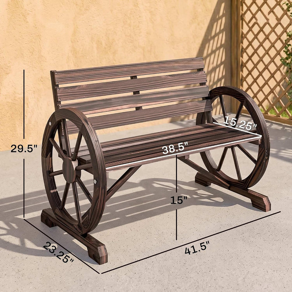 41" Wooden Wagon Wheel Bench Rustic Outdoor 2-Person Carbonized | Patio Bench, Weather Resistance Furniture, Slatted