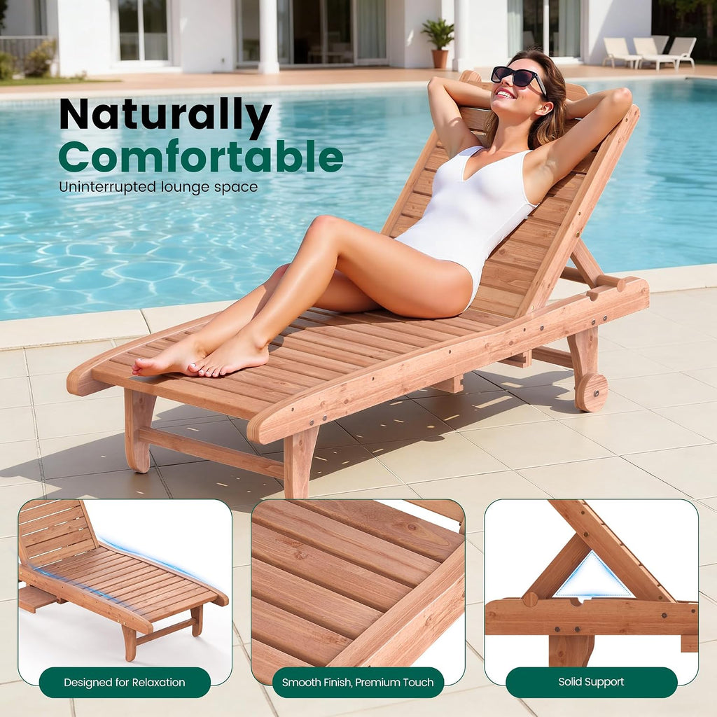 Wooden Chaise Lounge Chair, 3-Position Adjustable Outdoor Tanning Chair with Hidden Side Tray & Wheels, Poolside