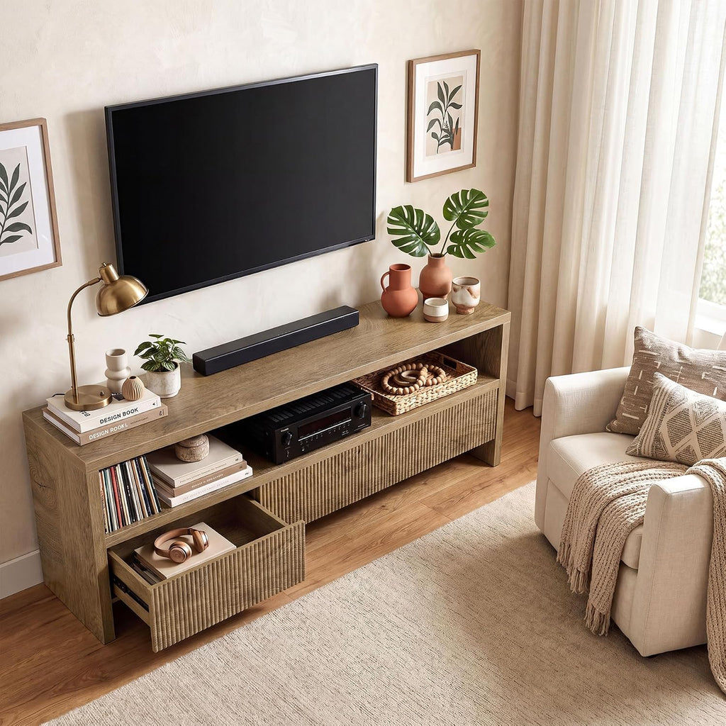 63" TV Stand with 3 Drawers, 2-Tier Entertainment Center for TVs up to 75", Farmhouse Media Cabinet, Wooden Console