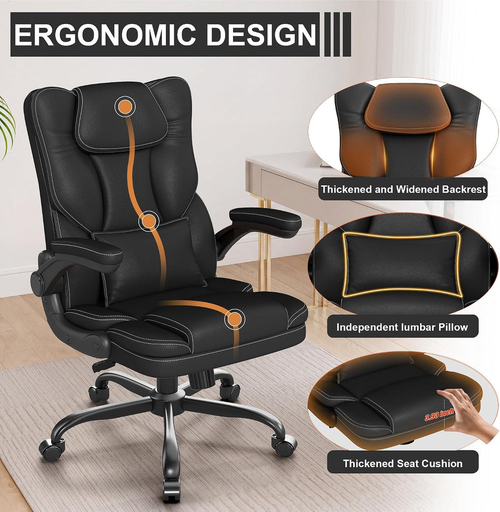 Ergonomic with Flip-Up Armrests, Mid Back Executive PU Leather Desk Chair, Height Adjustable with Lumbar Support