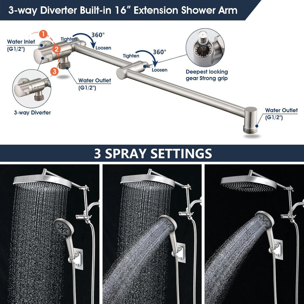 14 Inch Rain Shower Head with 5+1 Settings Handheld Spray Combo