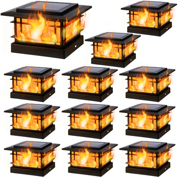4x4 Solar Post Cap Lights Outdoor with Flickering Flame Light, 12 Pack Black Shell Fence Post Solar Lights Fit