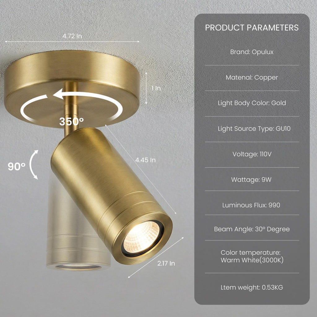 Solid Copper Gold Dimmable Indoor Ceiling Spotlight Directional 9W