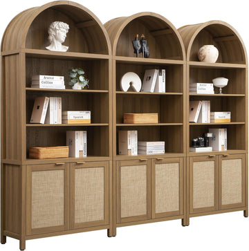 Book Shelf Arched Cabinet Bookshelf Arch 84.2" Tall Bookcase 5 Tier Large Bookshelves with Doors Storage Rattan Boho