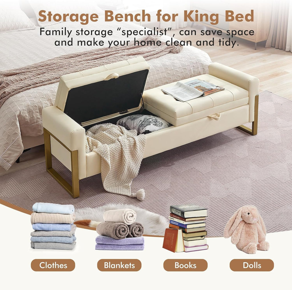 67" Storage Bench End of Bed King Size, Light Cream | Double Lids, Upholstered Faux Leather Storage Bench with Golden