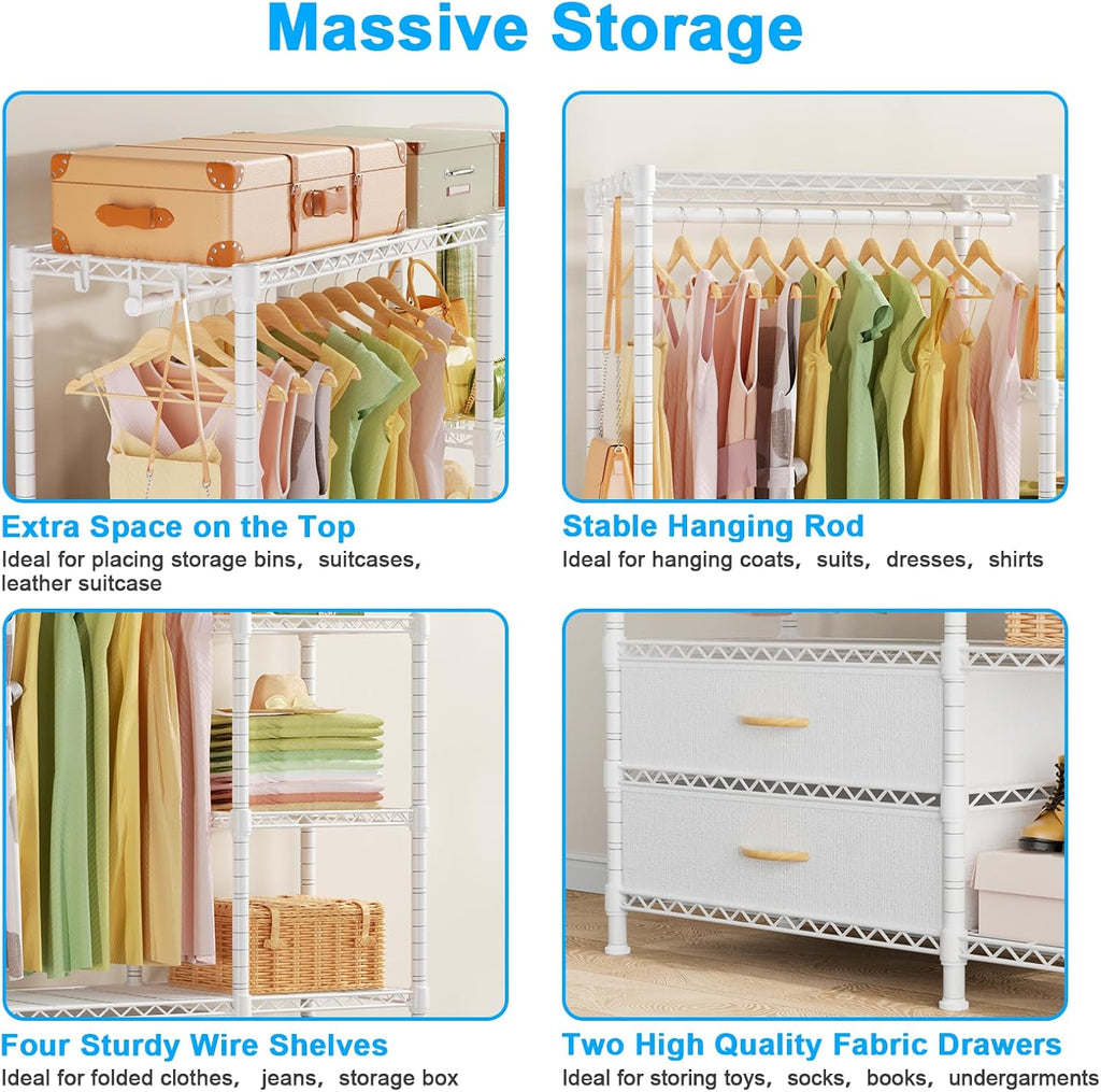 F3 Heavy Duty Clothes Rack(With Fabric Drawers)Freestanding Clothing Racks for Hanging Clothes,Adjustable Closet