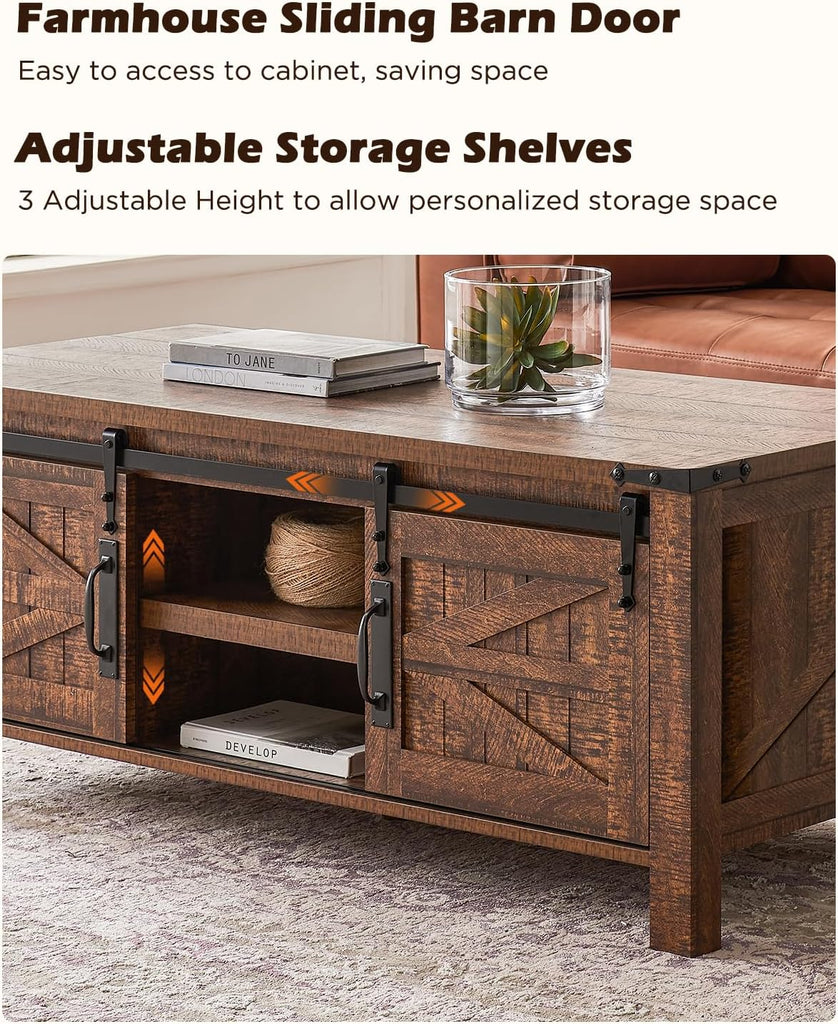 48" Farmhouse Lift Top Coffee Table with Sliding Barn Door,Rustic Center Table with Hidden Storage Compartment,Lifting