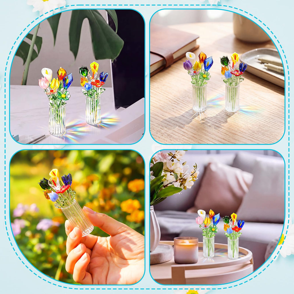 14 Pcs Mini Glass Flower Leave with Stems and 2 Vase Set, Style 2