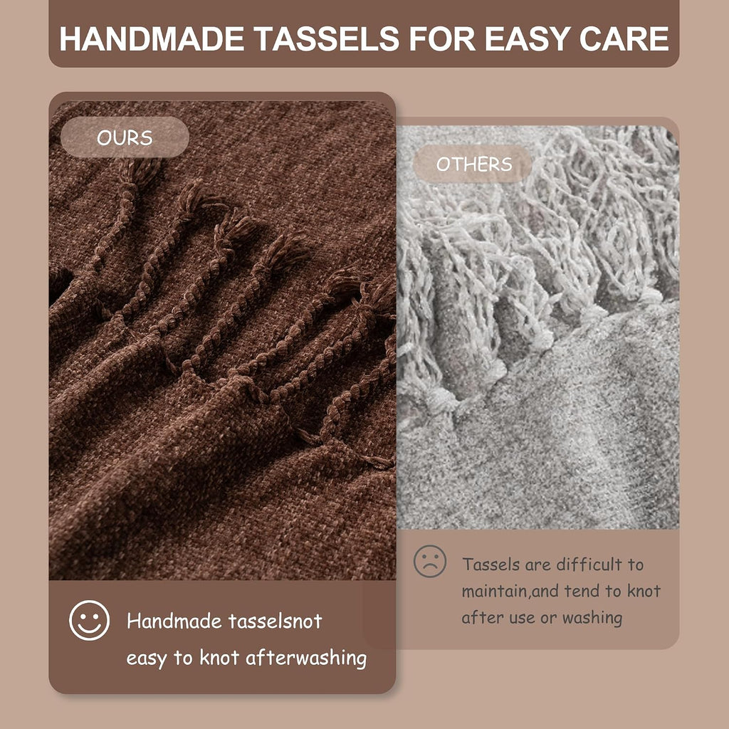 Brown Chenille Throw Blanket, Soft Cozy Textured Knit Throw Blanket with Handmade Fringe Tassels, Lightweight