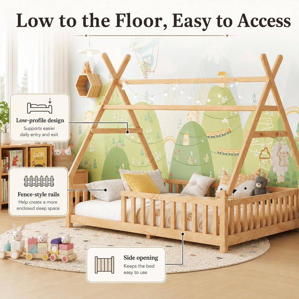 Full Size Montessori Floor Bed with Guardrails and LED Light, Tent-Shaped Full House Bed for Kids, Wood Full Bed