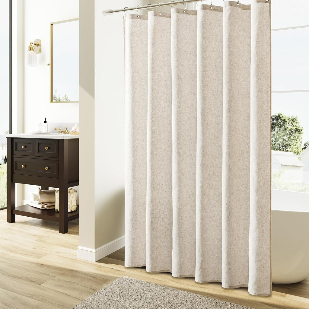 Extra Long Linen Shower Curtain 84 Inch Long Weighted Thick Fabric Bath Shower Curtain Set with Hooks, XLong Tall
