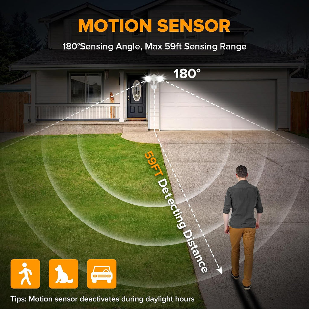 34W 3000 Lumen Motion Sensor Outdoor Lights, 5000K Daylight, IP65 Waterproof Flood Lights Outdoor with Night Light