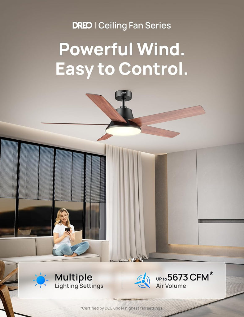 Smart Ceiling Fan with Lights, 52 Inch, 12 Speeds & 3 Fan Modes, Stepless, Dimmable LED Light, Timer