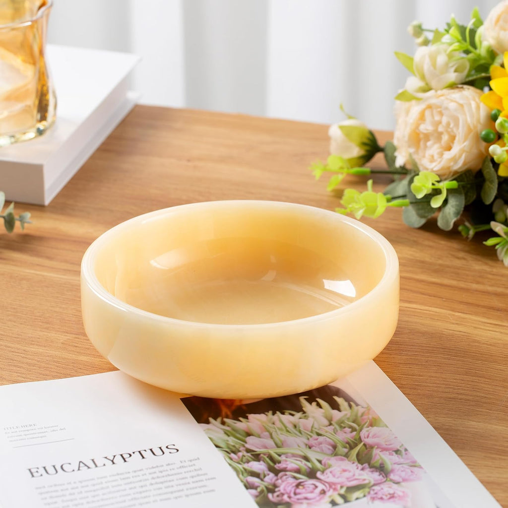 Natural Topazite Decorative Bowl Decor, 6.29Inch Marble Stone Catchall Bowl for Coffee Table Centerpiece, Key, Fruit
