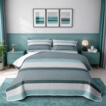 Abstract Geometric Quilt Bedding Set Farmhouse Ticking Stripes Quilted Comforter Mid‐Century Bedspread Coverlet