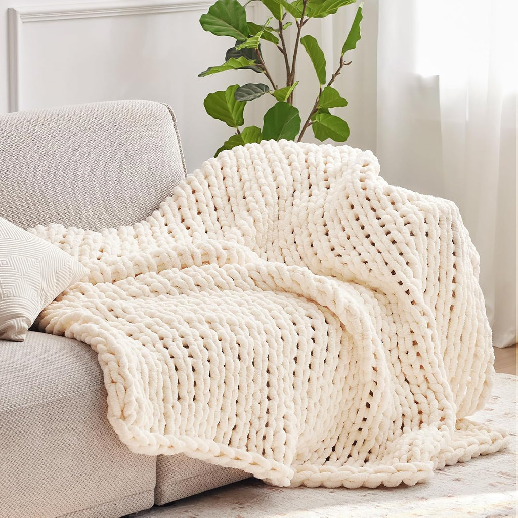 Chunky Knit Throw Blanket, 50''*60'' Knitted Throw Chenille Yarn, Handmade Cream Crochet Big Thick Blanket, Machine