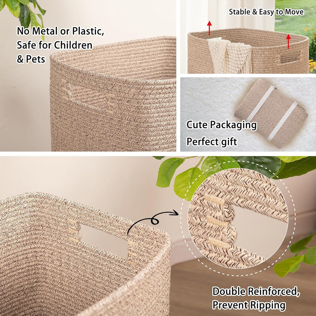 Laundry Hamper, Rectangle Cotton Laundry Basket with Handles, Large Blanket Basket , Woven Decorative Storage for
