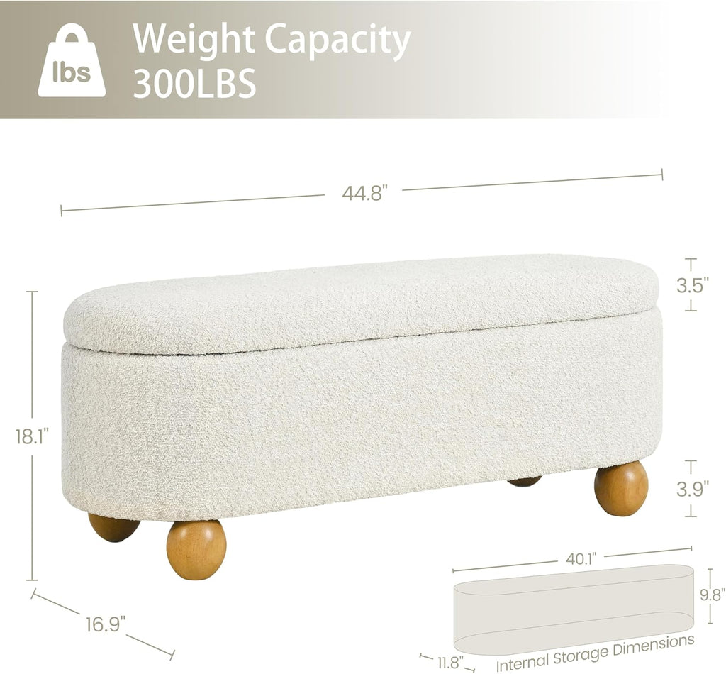 44.8" Storage Ottoman Bench End of Bed Bench with Hinge, Beige | Cute Spherical Solid Wood Stool Legs, Comfortable