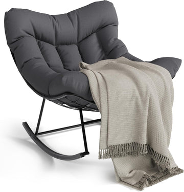 Outdoor Papasan Rocking Chair for Balcony Backyard Porch Bedroom | Oversized Rocking Chair with Sturdy Metal Frame