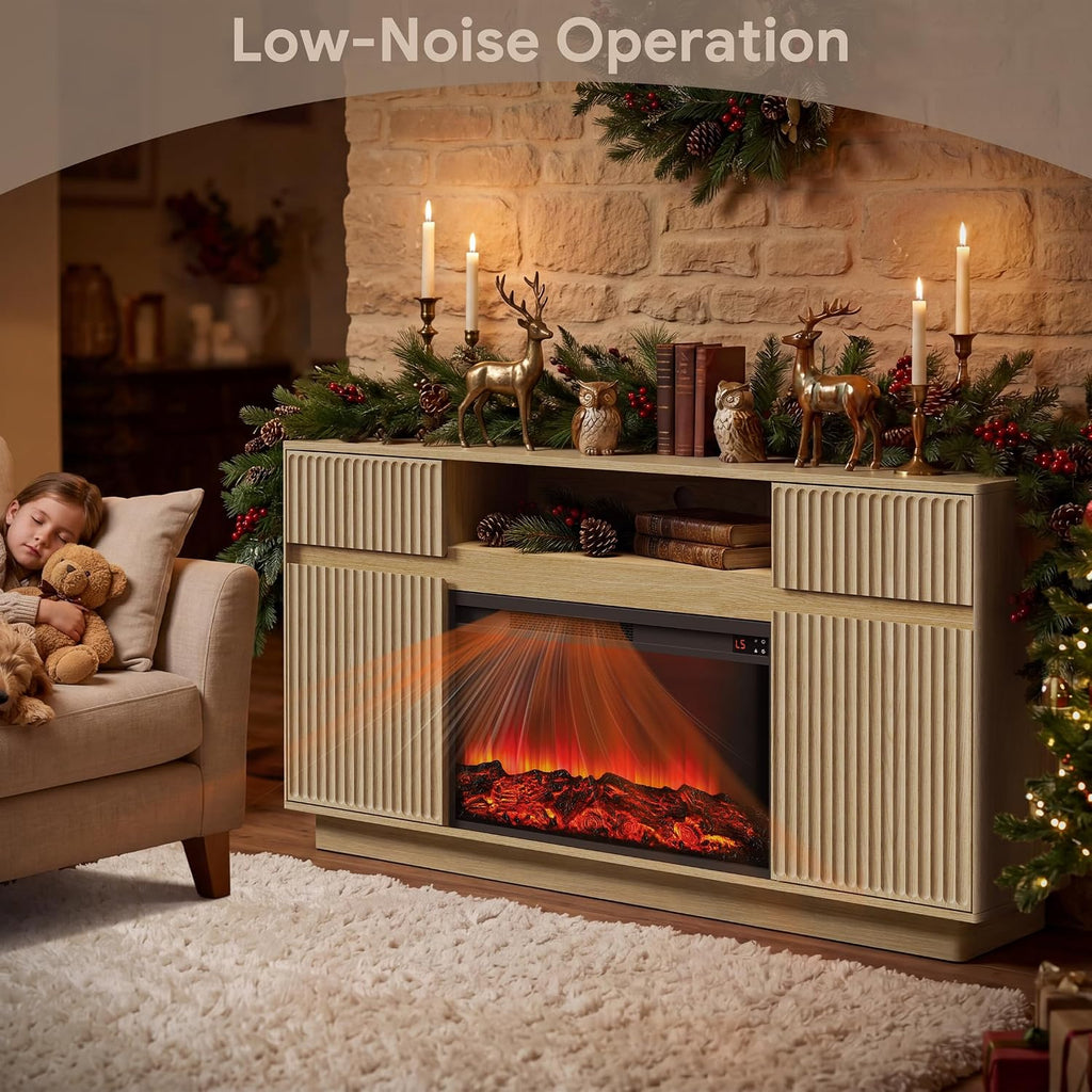 Fireplace TV Stand with 30" Electric Fireplace, Modern Fireplace Entertainment Center Fits TVs up to 70", Fluted Wood
