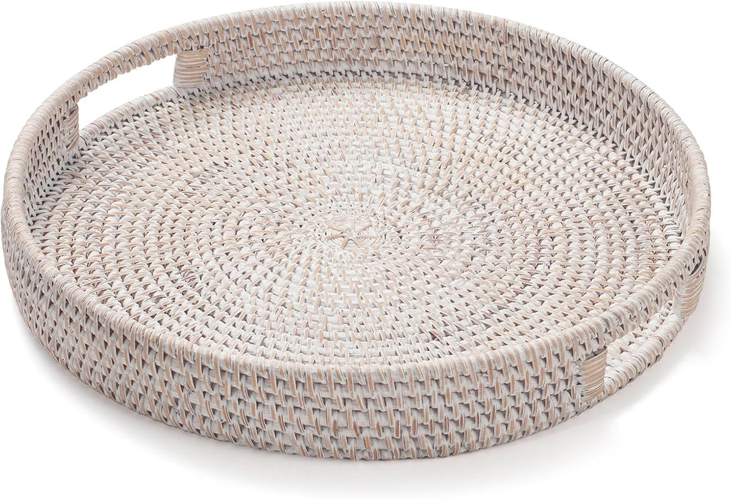 13.8 inch Round Rattan Tray, Decorative Coffee Table Tray, Ottoman Tray, Woven Serving Tray with Handles, Wicker