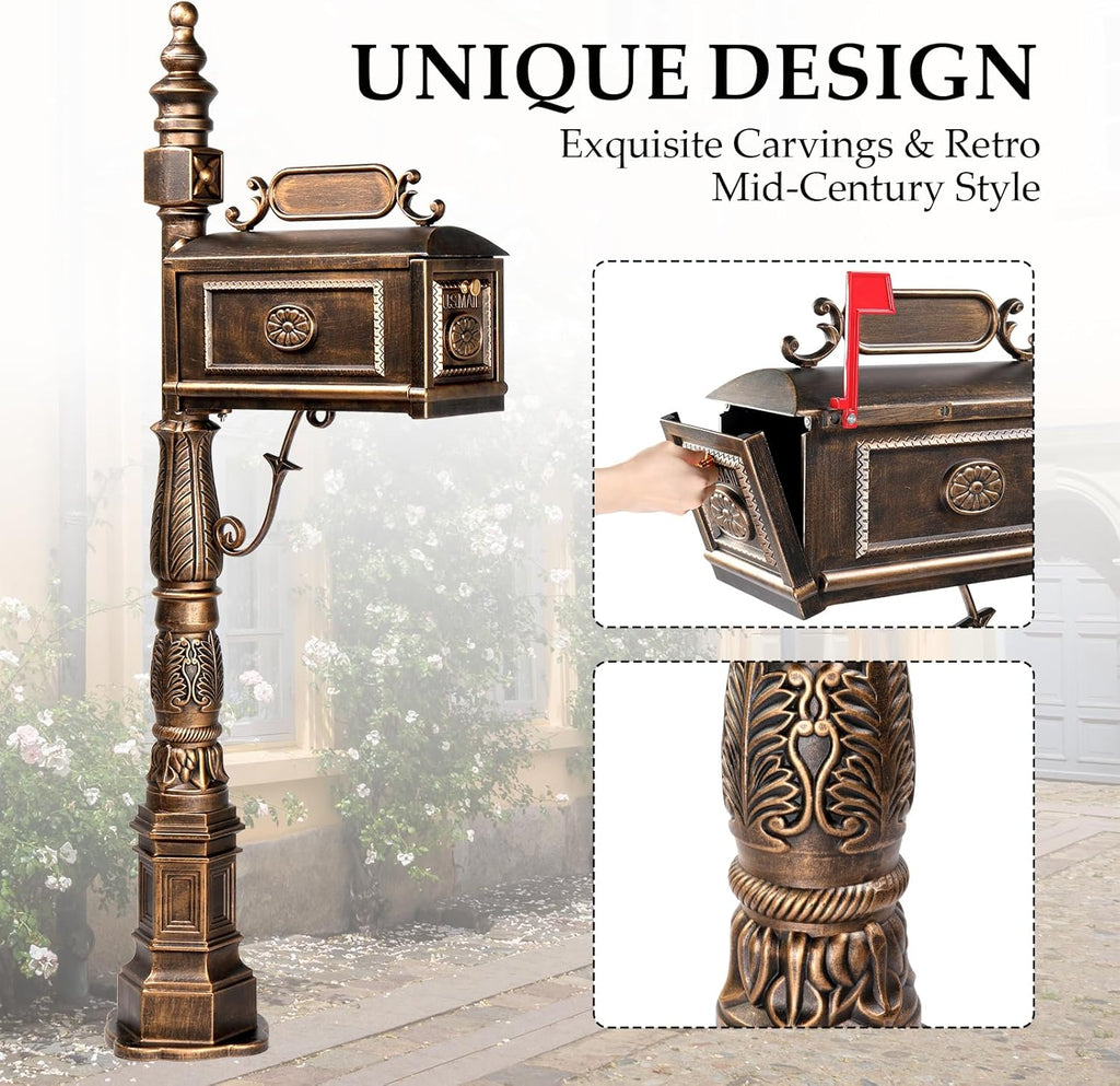 Cast Aluminum Mailbox, Barcelona Decorative Post Mailbox, Rust-Proof Large Security Heavy Duty Mailbox (Bronze)