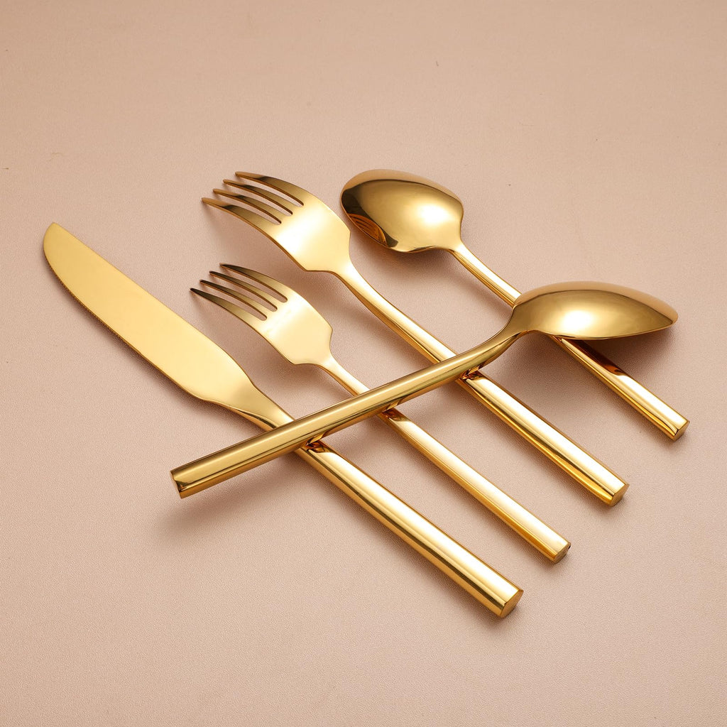 Mirror Silverware Set Gold Flatware Set with Hexagon Handle 20 Pieces 18/0 Stainless Steel Cutlery Set Wedding