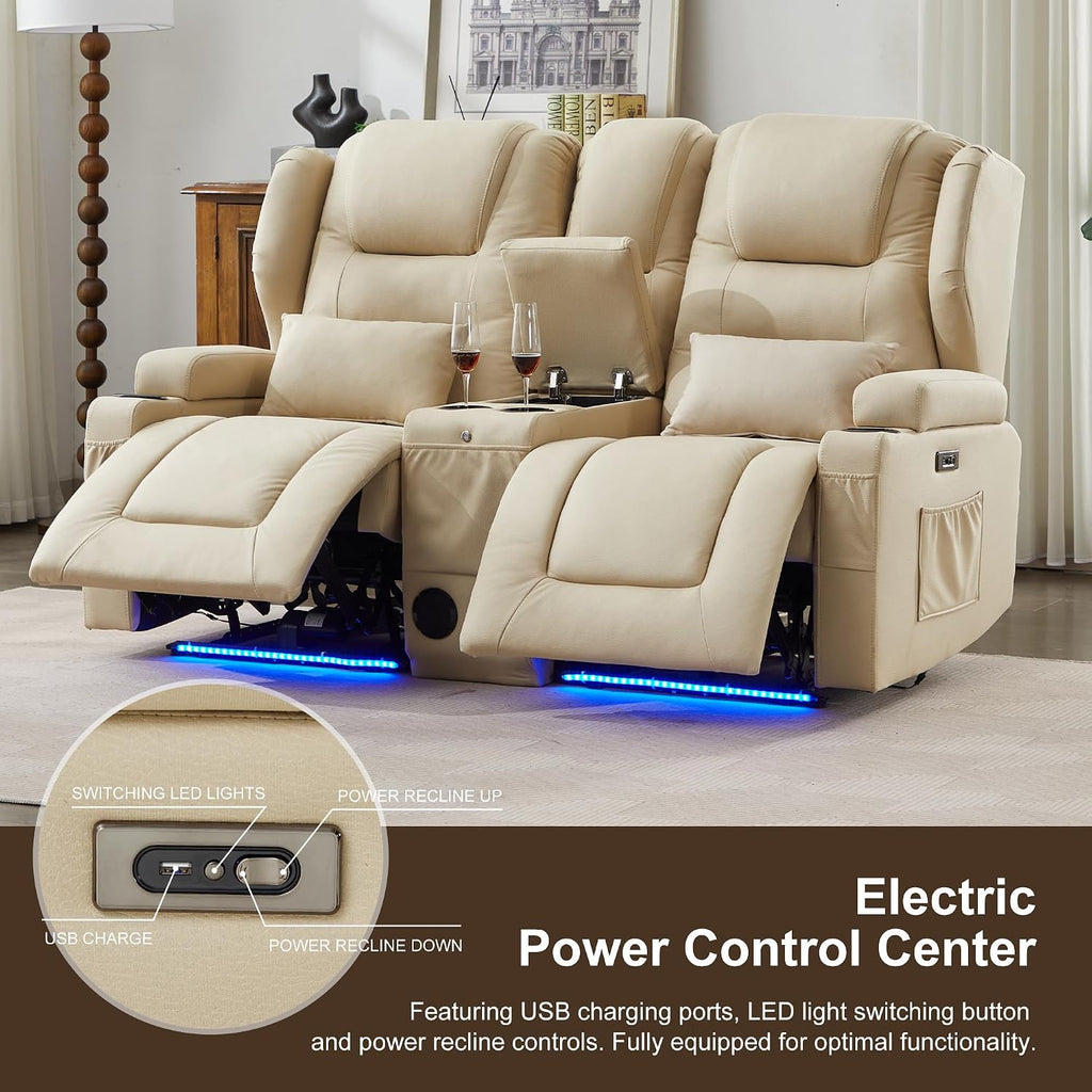 RV Power Loveseat Recliner Sofa, Leathaire Fabric Wall Hugger Reclining Loveseat with Console and Cup Holders