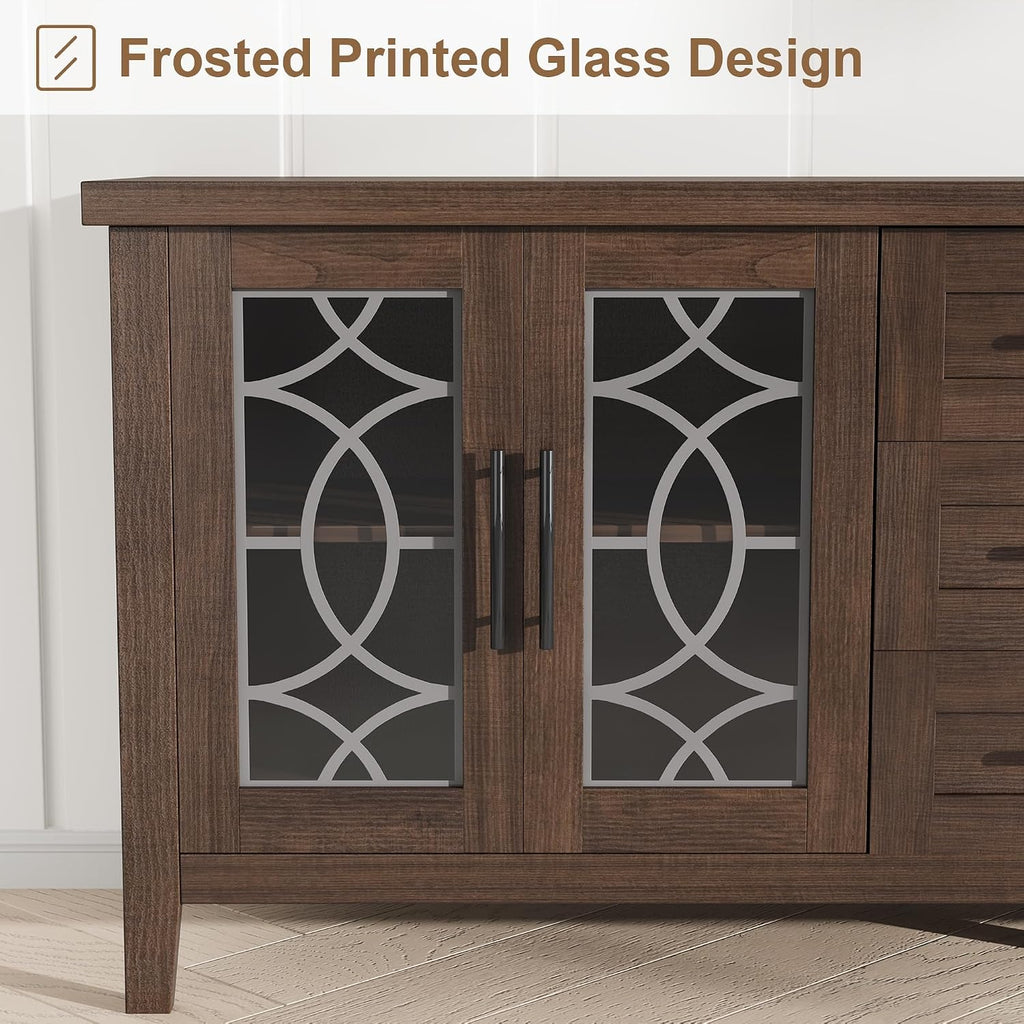 Farmhouse TV Stand with Glass Door for 70 Inch Tv, Mid Century Modern Entertainment Center for Living Room, Rustic