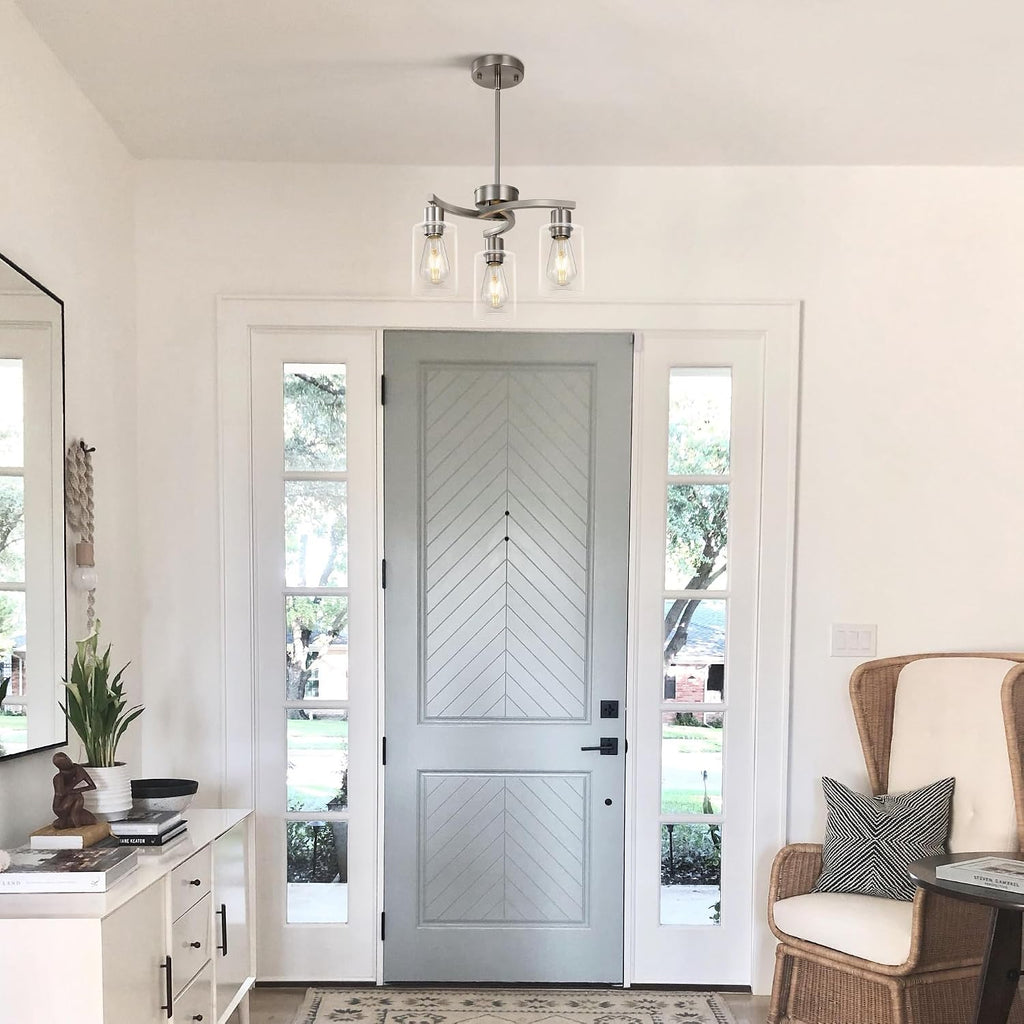 3 Light Brushed Nickel Dining Room Light Fixture,Modern Kitchen Chandeliers Over Table，Adjustable Height Industrial