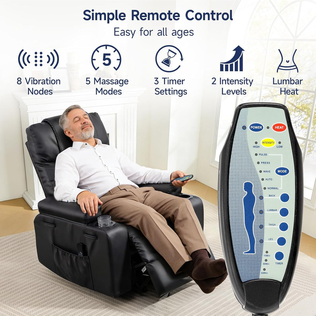 Power Lift Recliner Chair for Elderly with Massage & Heat, PU Leather Electric Recliner with USB Charge Port, 160°