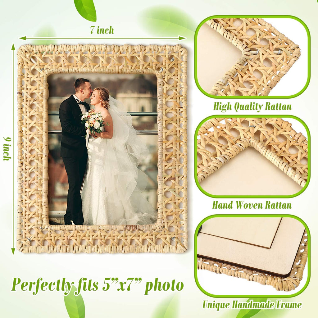 3pcs Boho Woven Rattan Picture Frame Set Rustic Wicker Photo Frames with Stand for Tabletop & Wall Display, Farmhouse