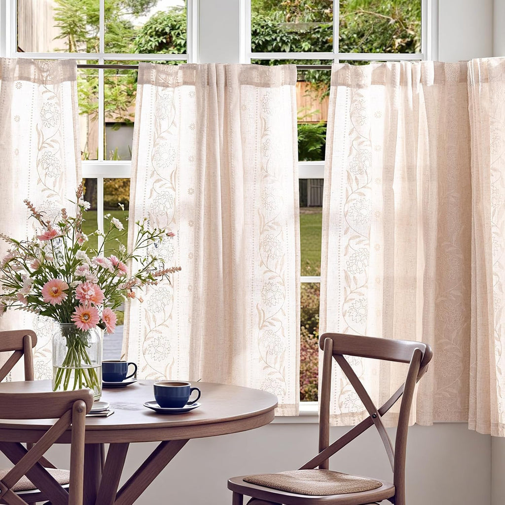 Sage Floral Linen Curtains 63" Back Tab 2 Panels