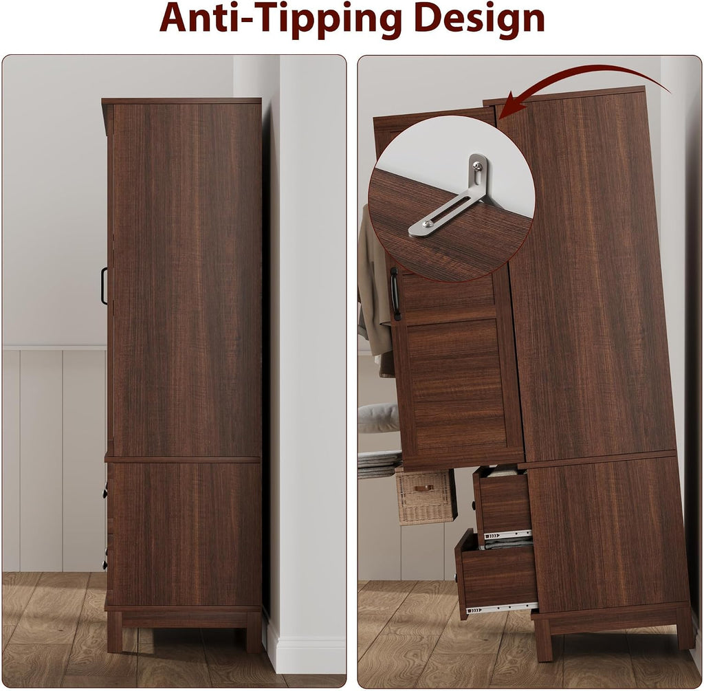 Heavy Duty Wooden Armoire Wardrobe Closet - 2 Doors, 72" Tall, Hanging Rod, 18 Adjustable Shelves, Narrow Bedroom