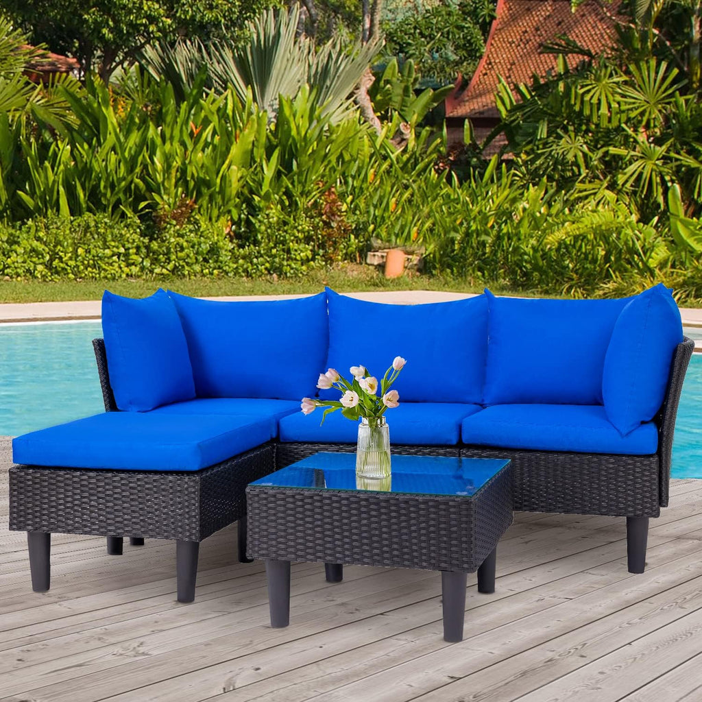 5 Piece Patio Furniture Set, Outdoor Wicker Sectional Sofa Conversation Set with Glass Top Coffee Table - Blue