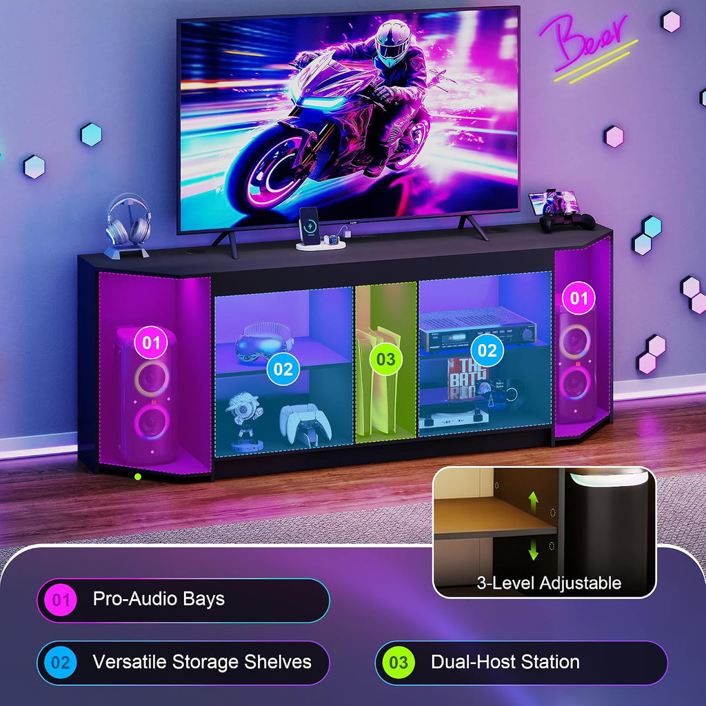 Modern TV Stand with LED Lights & Power Outlets for 75 inch TVs, Gaming Entertainment Center for PS5 Xbox, Media
