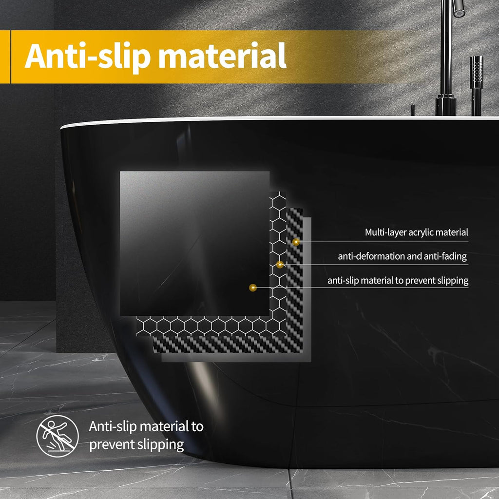 59 Inch Acrylic Freestanding Bathtub, Deep Soaking Tub with White Interior Black Exterior, Oval Stand Alone Acrylic