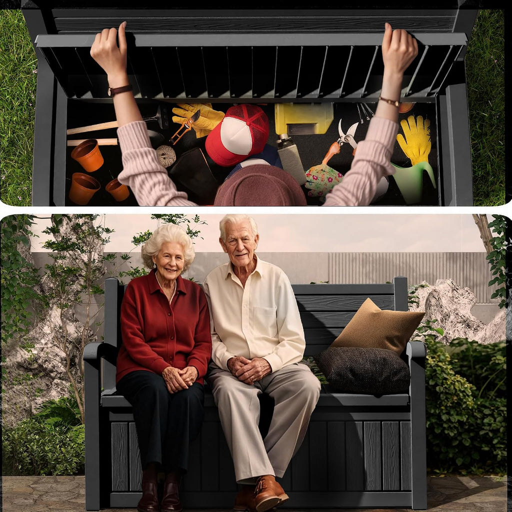 75 Gallon Storage Bench Deck Box Outdoor Indoor,Lockable Durable All-Weather Seating with Hidden Storage,Deck Storage
