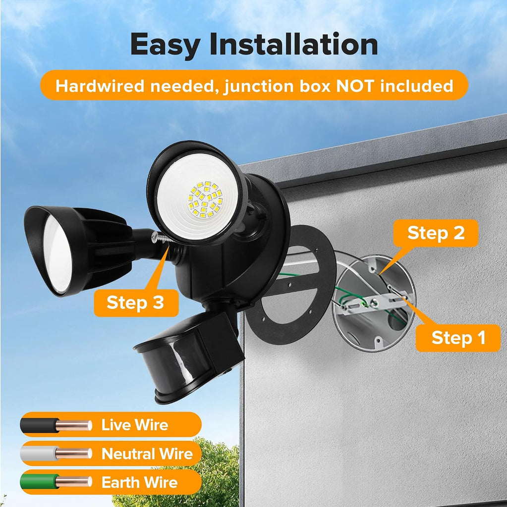 LED Security Light Motion Sensor Outdoor Lights, 27W 3500LM, 5000K, IP65 Waterproof, Dusk to Dawn, 2 Head Motion