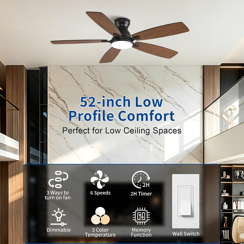 Ceiling Fans with Lights, Low Profile Ceiling Fan with Light and Remote/APP Control, DC Motor, Noiseless, Flush Mount