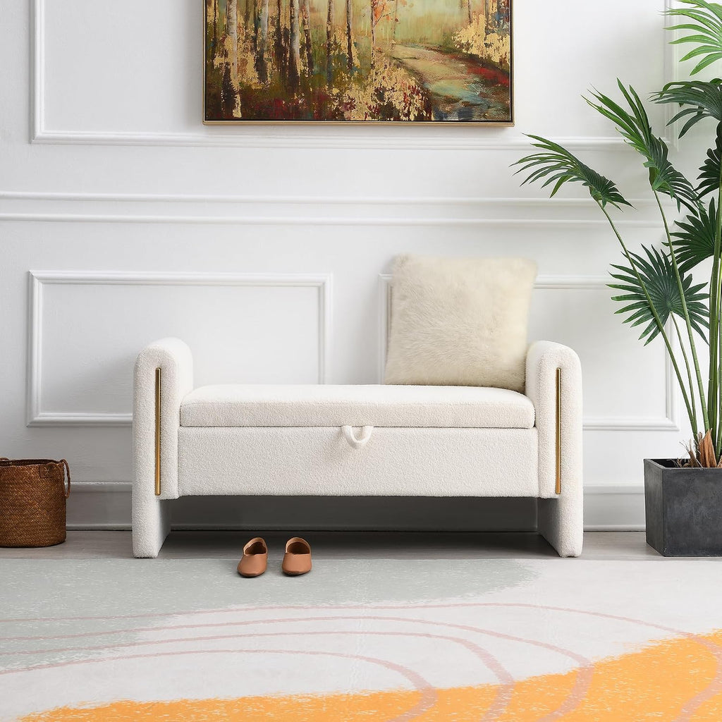 Modern 52" Storage Ottoman Bench, Upholstered End of Bed Storage Bench with Armrests, Entryway Bench, Teddy Foot Rest