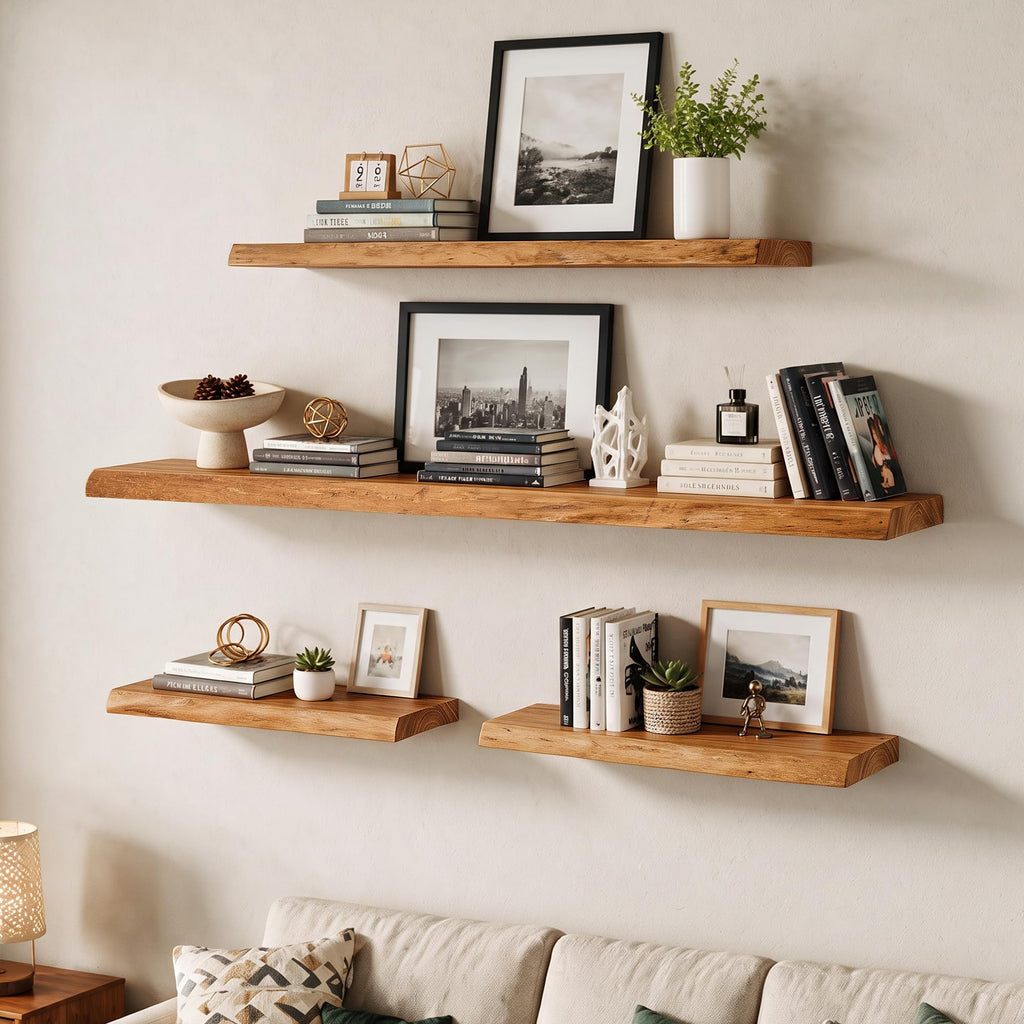 Live Edge Elm Floating Shelves - 40 In Rustic Solid Wood Shelves with Heavy-Duty Invisible Bracket, Wall-Mounted